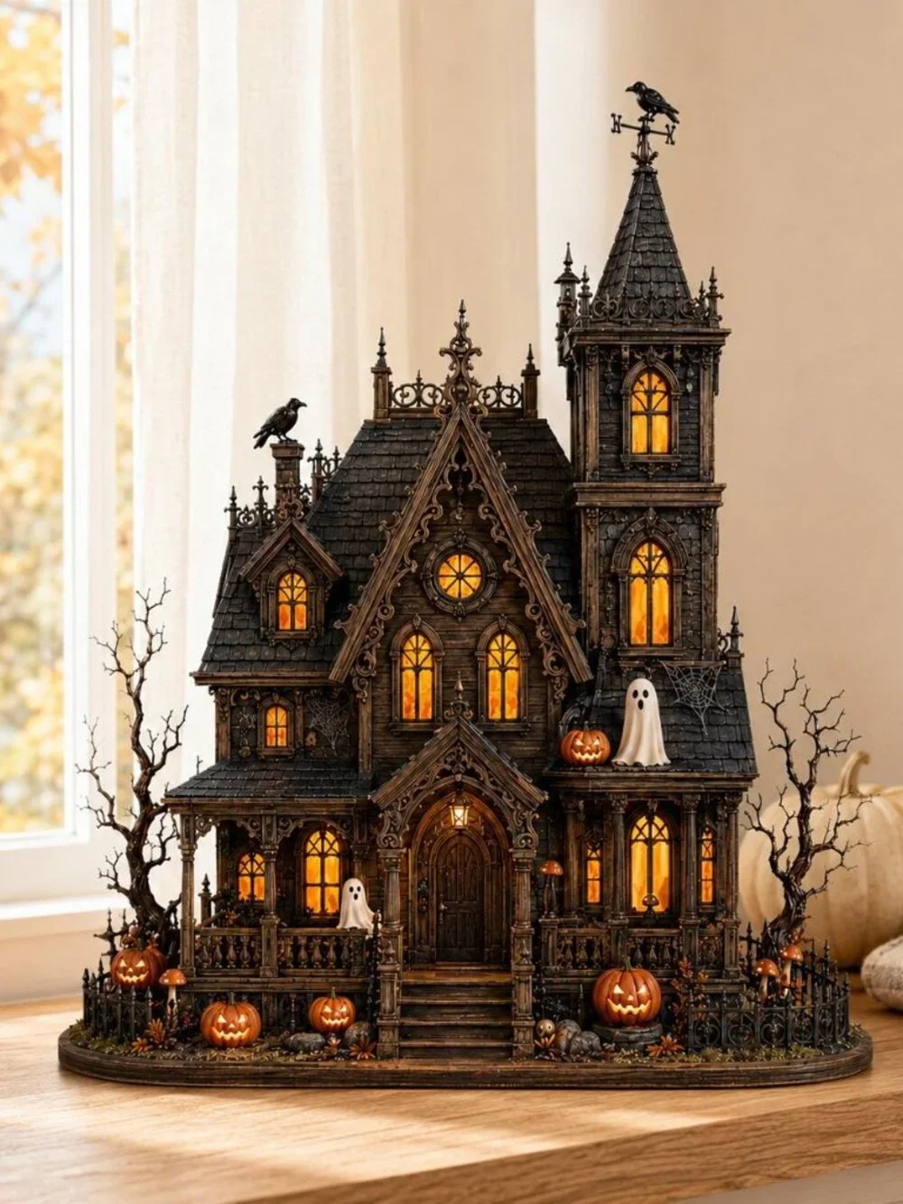 Haunted House Wooden Block, Gothic Halloween Mansion Shelf Decor